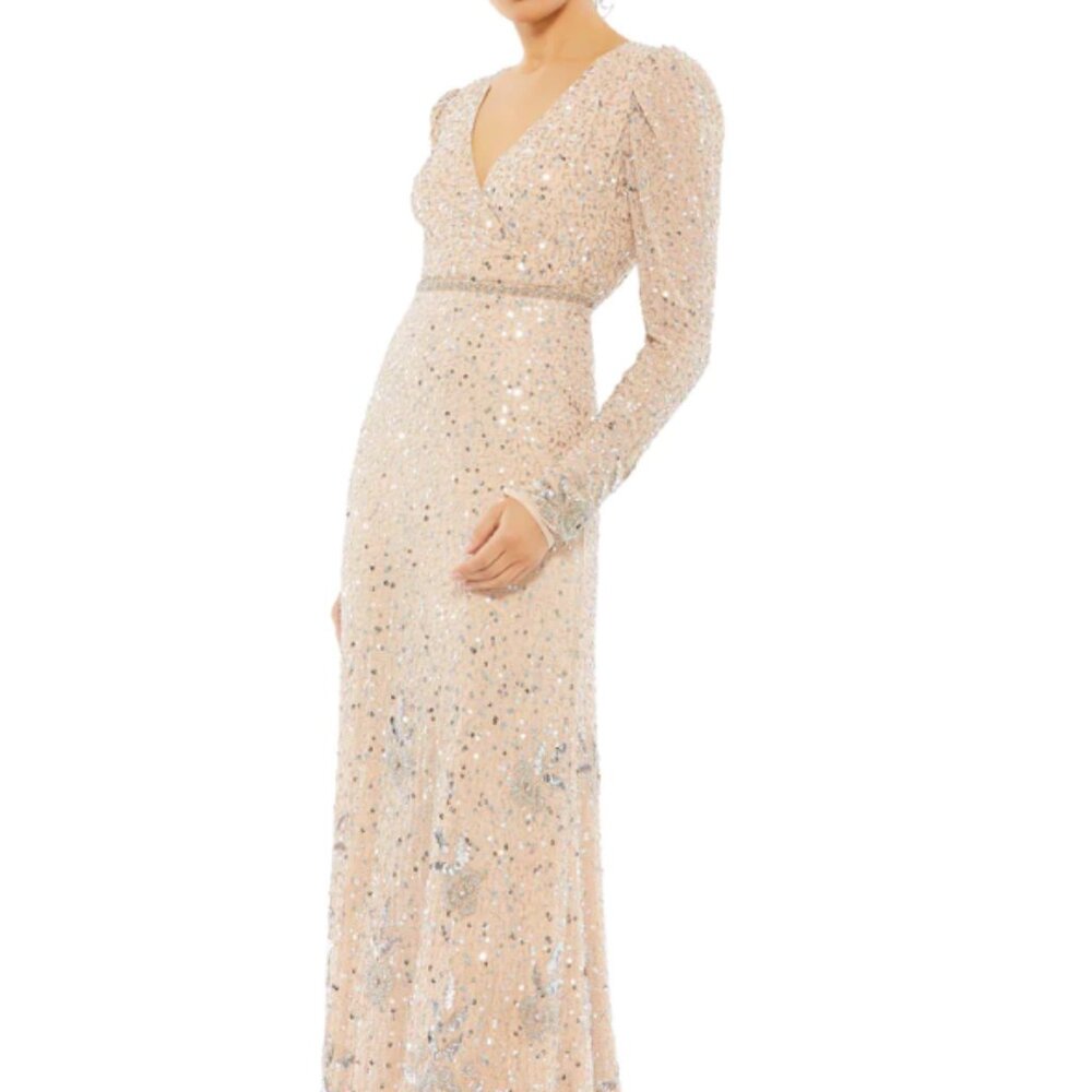 MAC DUGGAL 10769 SEQUINED FLORAL EMBELLISHED LONG SLEEVE SILVER NUDE GOWN sz 12